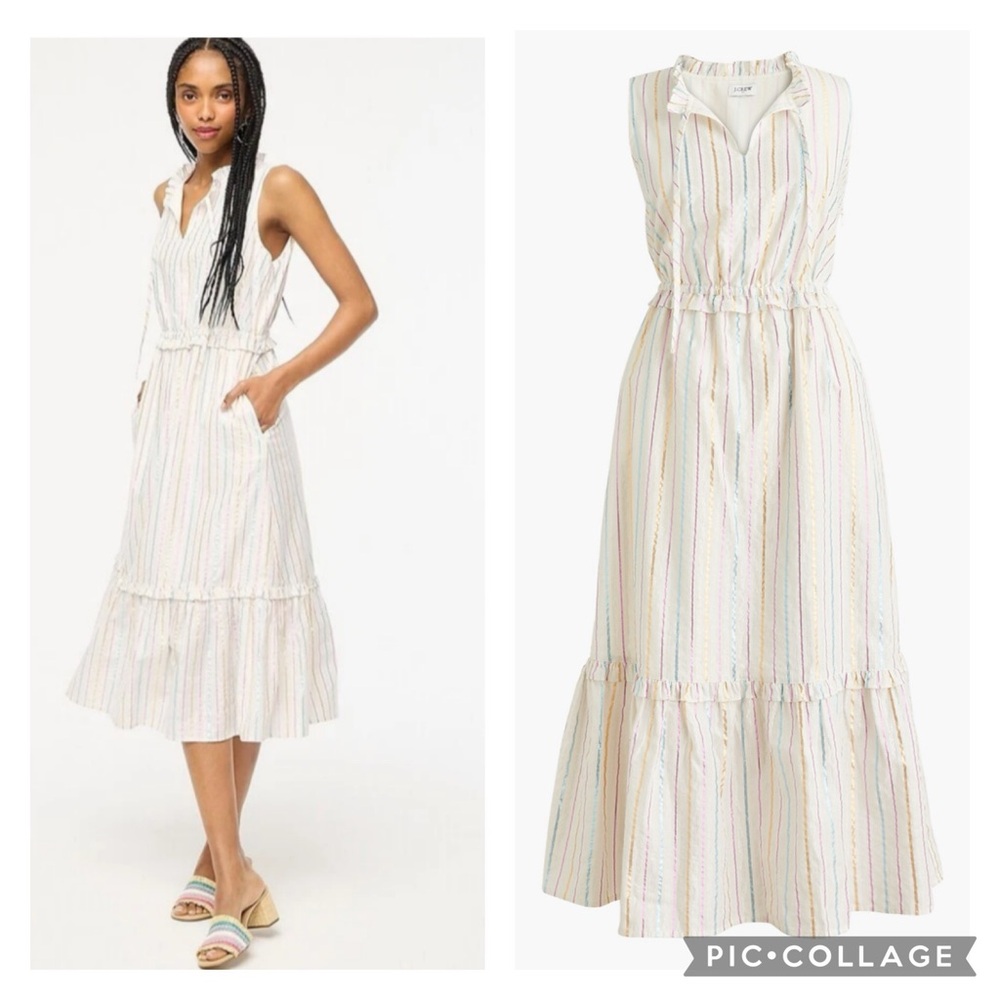EUC J. Crew Factory Off White Striped Shimmer Tie Front Sleeveless MIDI Dress